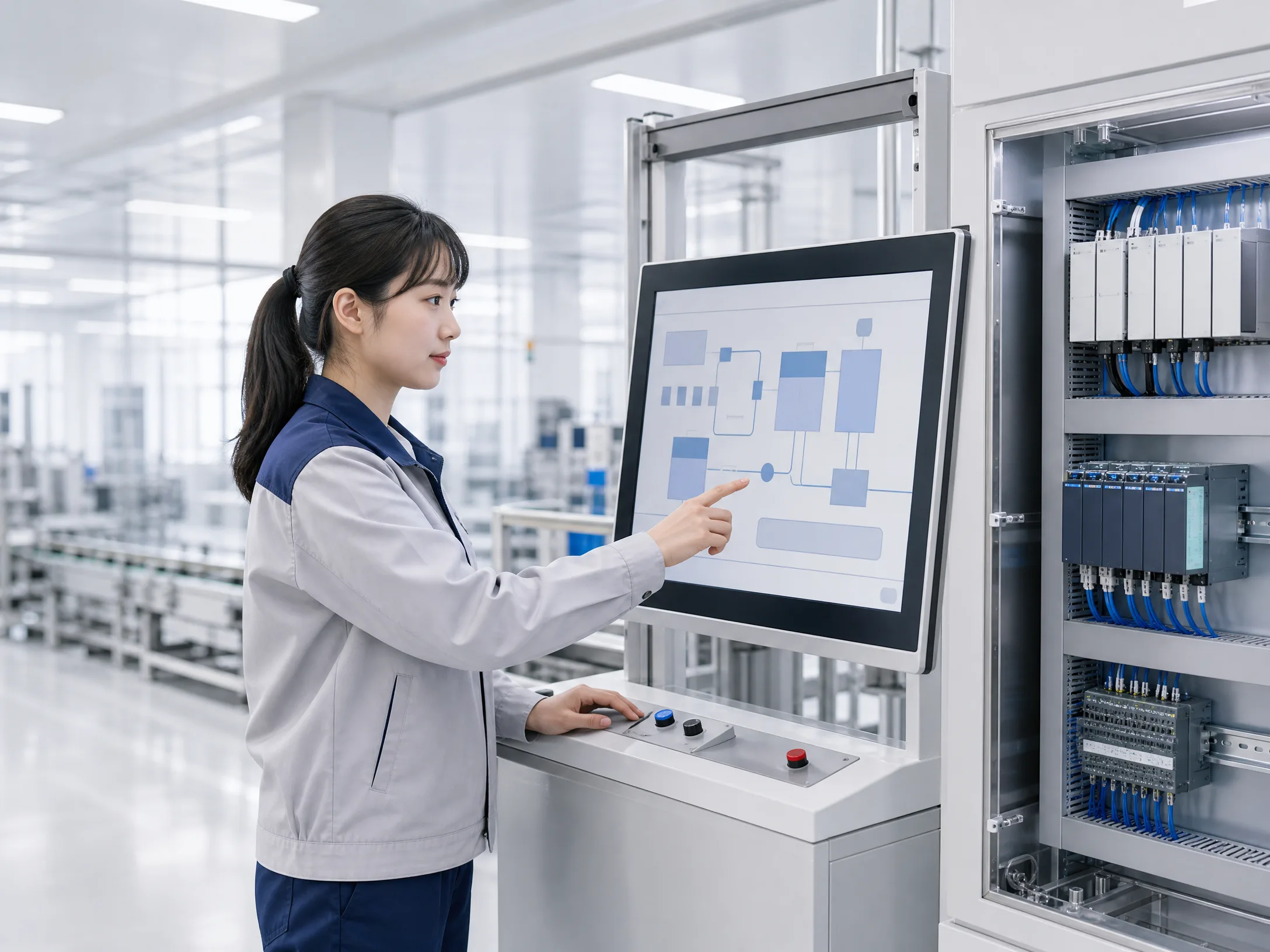 HMI 터치스크린으로 공정 흐름을 조작하는 엔지니어와 뒤편 PLC 제어반